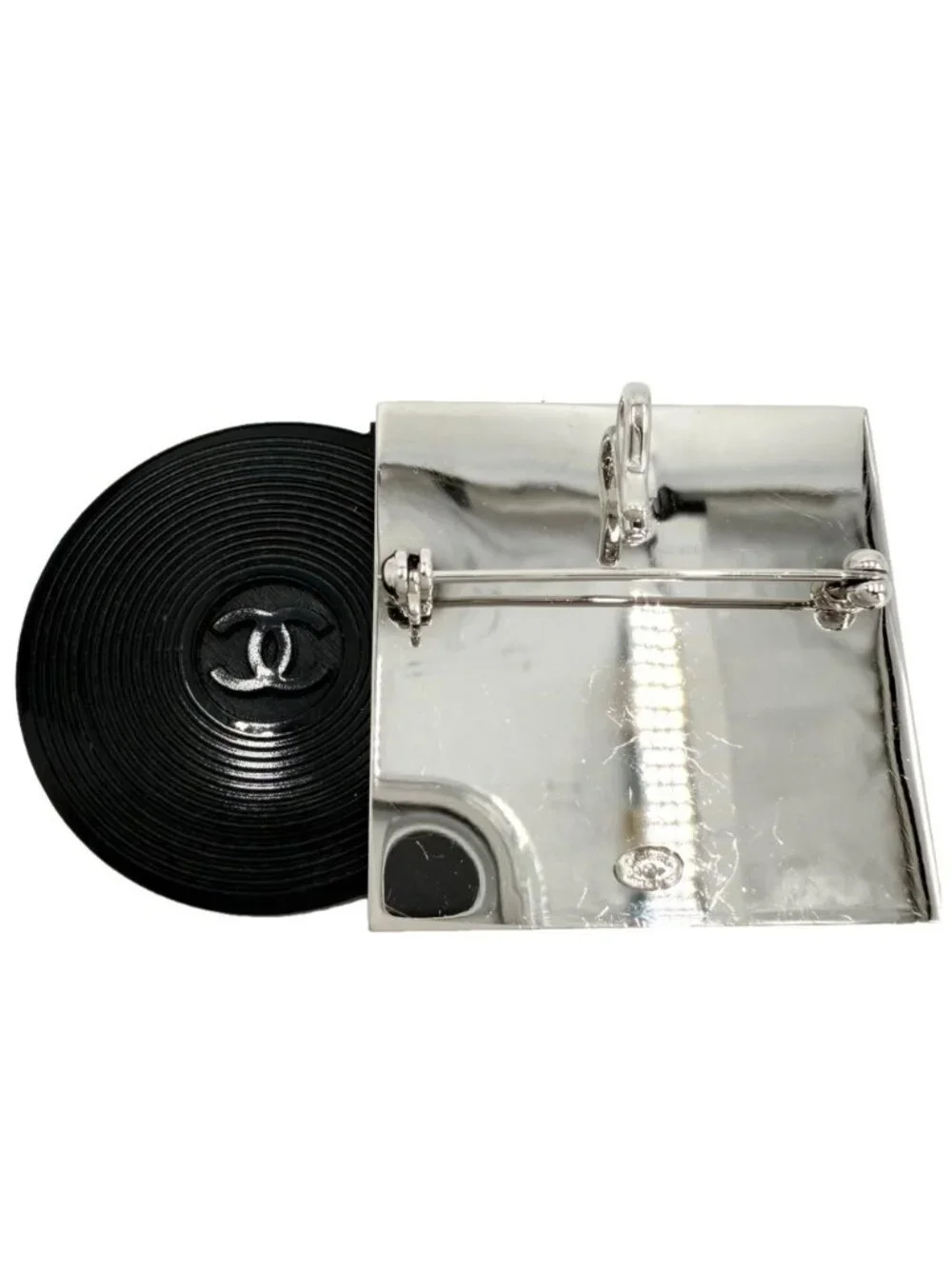 Chanel Brooch CC Logo Record Motif 04P Silver Black
